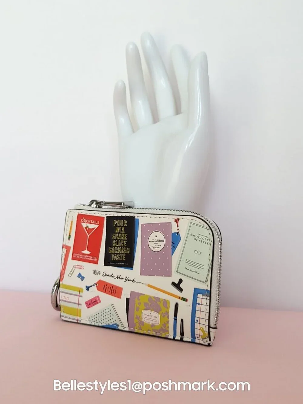 KATE SPADE Mini Zipper ID Card Case in Smooth Leather w Print-Cream multi⭐